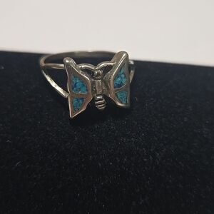Vintage Native Sterling Silver Butterfly Ring with Chip Turquoise